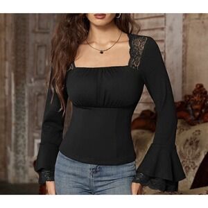 Scarlett Darkness Victorian Lace Patchwork Top Sz XL Black Renaissance Witchy